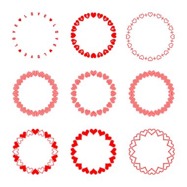 Moda pikseli ve modern doğrusal tarzda yuvarlak çerçevelerin vektör kümesi. Basit kalp ve yazıtlardan oluşan bir koleksiyon düğün davetiyelerini, Sevgililer Günü kutlamalarını, etiket tasarımlarını, kapakları dekore etmeye bayılıyorlar.