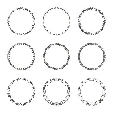 Basit, yuvarlak, dar çerçeveli, gösterişli ve eski usul kıvrımlı vektör kümesi. Etiketlerin, kapakların, davetiye kartlarının, metinlerin, kitapların tasarımı ve dekorasyonu için basit zarif bir süs.