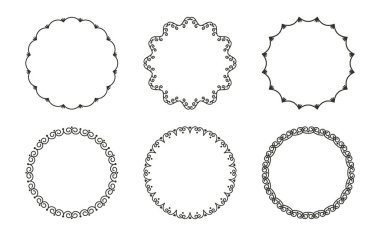 Beyaz arka planda izole edilmiş eski tarz bukleleri olan yuvarlak dar çerçeveli bir vektör kümesi. Etiketlerin, kapakların, davetiye kartlarının, metinlerin, kitapların tasarımı ve dekorasyonu için basit zarif bir süs.