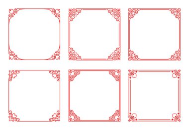 Kalpli, süslü, klasik sanat deco tarzında kıvrımlı kare kırmızı çerçeveler. Dekorasyon için şık bir süs, düğün davetiyeleri tasarımı, Sevgililer Günü için romantik tebrik kartları.
