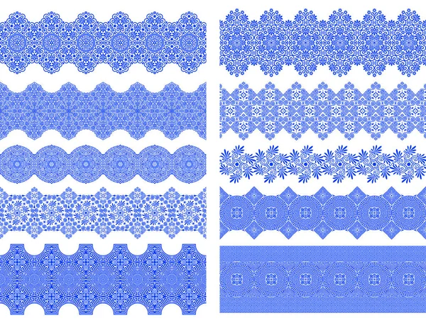 Ensemble Vectoriel Pinceaux Sans Couture Avec Ornement Grec Traditionnel Bleu — Image vectorielle