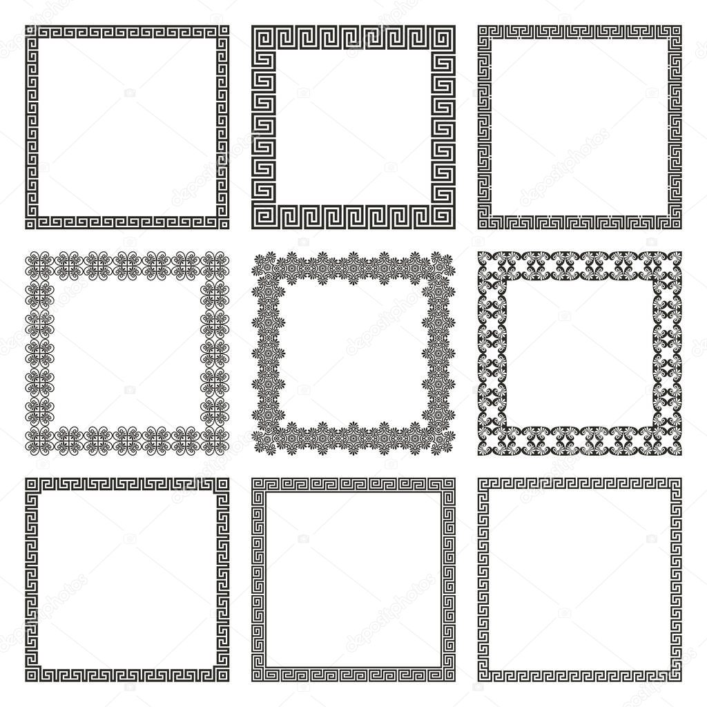 Vector set of square frames with geometric antique traditional Greek ornament. A collection of elegant linear borders. Pattern for social media design, poster, invitation, web banner, greeting card