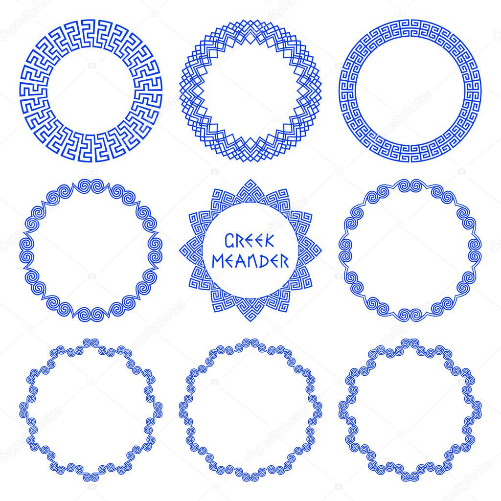 Vector set of round frames in ethnic style Greece with elements of Greek meander isolated on white background. Circle patterns for decorating and text design, plates