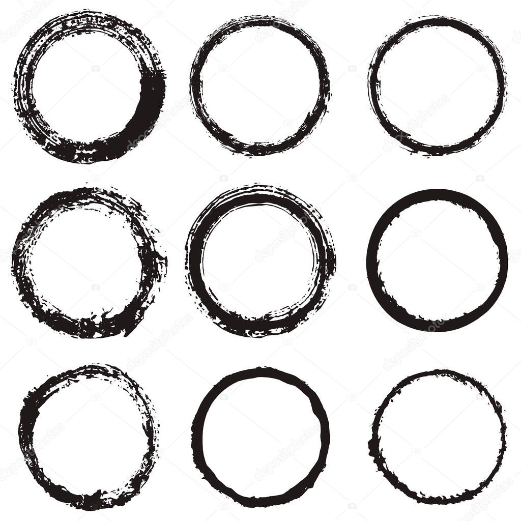 Vector set of round frames and borders, painted with an ink brush. Black grunge frame with rough edges isolated on white background. A collection of circles dirty silhouettes