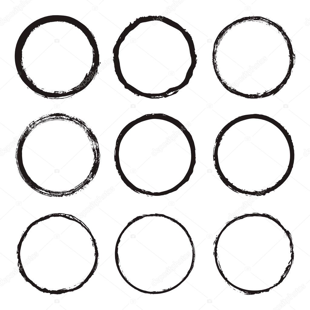 Vector set of round frames and borders, painted with an ink brush. Black grunge frame with rough edges isolated on white background. A collection of circles dirty silhouettes