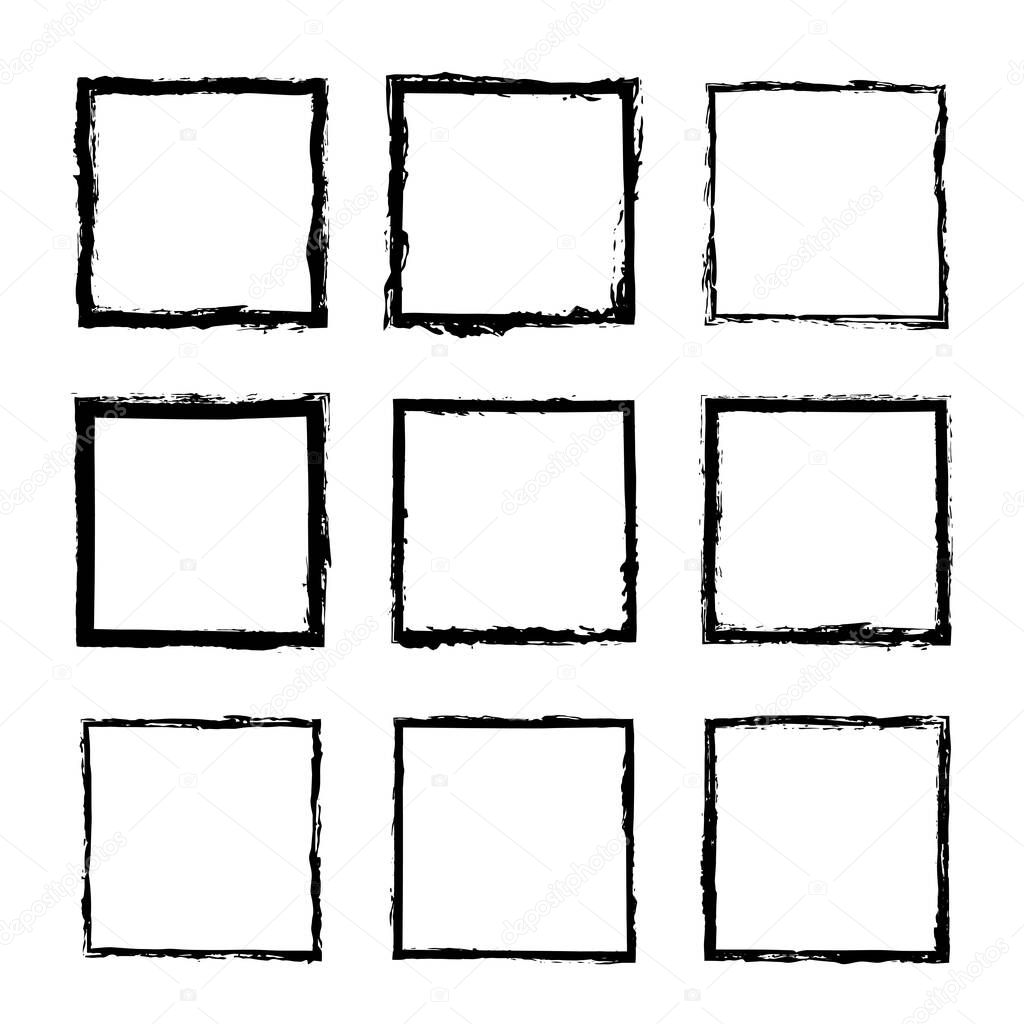 Vector set of square sloppy black ink frames, drawn by hand. Thin and wide frame of lines, splashes and spots of paint design text, postcards, banners, flyers, invitations