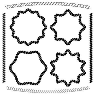 Altıgen ve yuvarlak, beyaz arkaplanda izole edilmiş denizcilik halatı simülasyonu. Dosyaya eklenen örülmüş halatı taklit eden vektör fırçaları