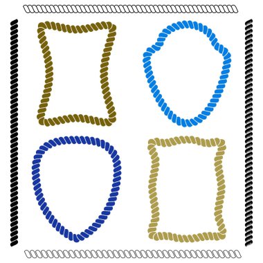 Dikdörtgen şekilli renkli izole vektör çerçeveleri ve beyaz arkaplandaki deniz ipini simüle eden kalkanın şekli. İp taklit eden vektör fırçaları