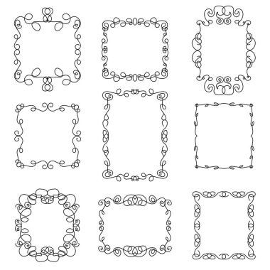 Doğrusal bir şekilde dekoratif çerçeveler kümesi. Vektör illüstrasyonu