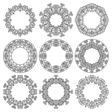 Yuvarlak çerçevelerin vektör kümesi. Güzel soyut çiçek süsü..