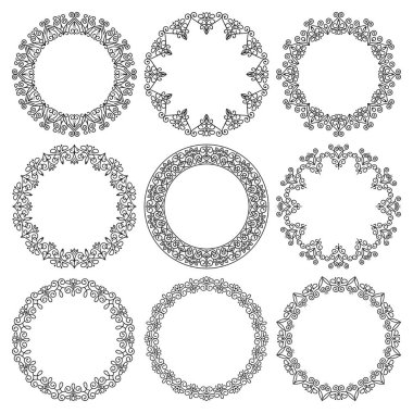 Yuvarlak çerçevelerin vektör kümesi. Güzel soyut çiçek süsü..