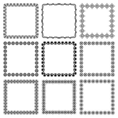 Kare çiçek çerçevelerinin vektör kümesi. Soyut grafik çiçekler. Sertifika, menü, sosyal ağ, bayrak, selamlama, davetiye, kart tasarımı için basit monokrom doğrusal süslemeli kenarlıklar grubu