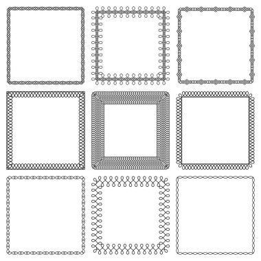 Örgülü çizgilerden kare çerçeve vektör kümesi. Tasarım tebrik kartları, düğün kartları, sosyal medya, posterler, afişler, davetiyeler için basit doğrusal bükülmüş ipler koleksiyonu