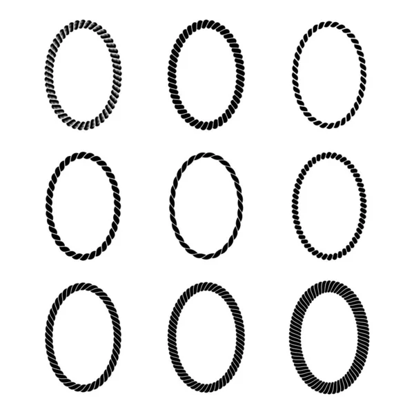 Vector Set Monochrome Black Oval Rope Frame Collection Thick Thin — Stock Vector