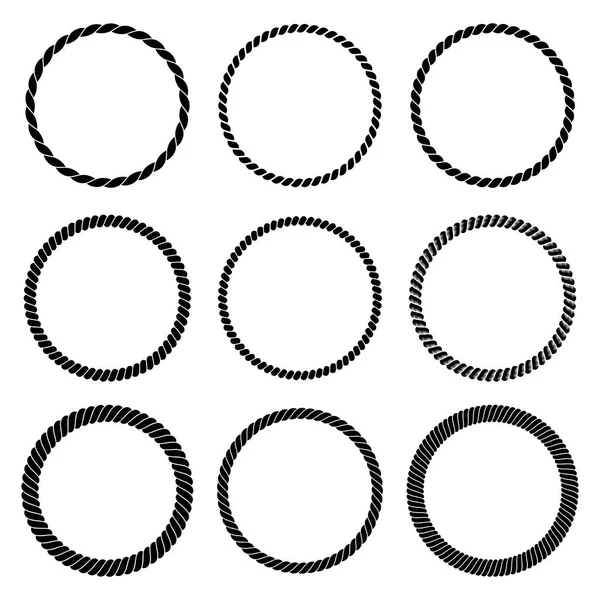 Vector Set Black Monochrome Rope Frame Collection Thick Thin Circles — Stock Vector