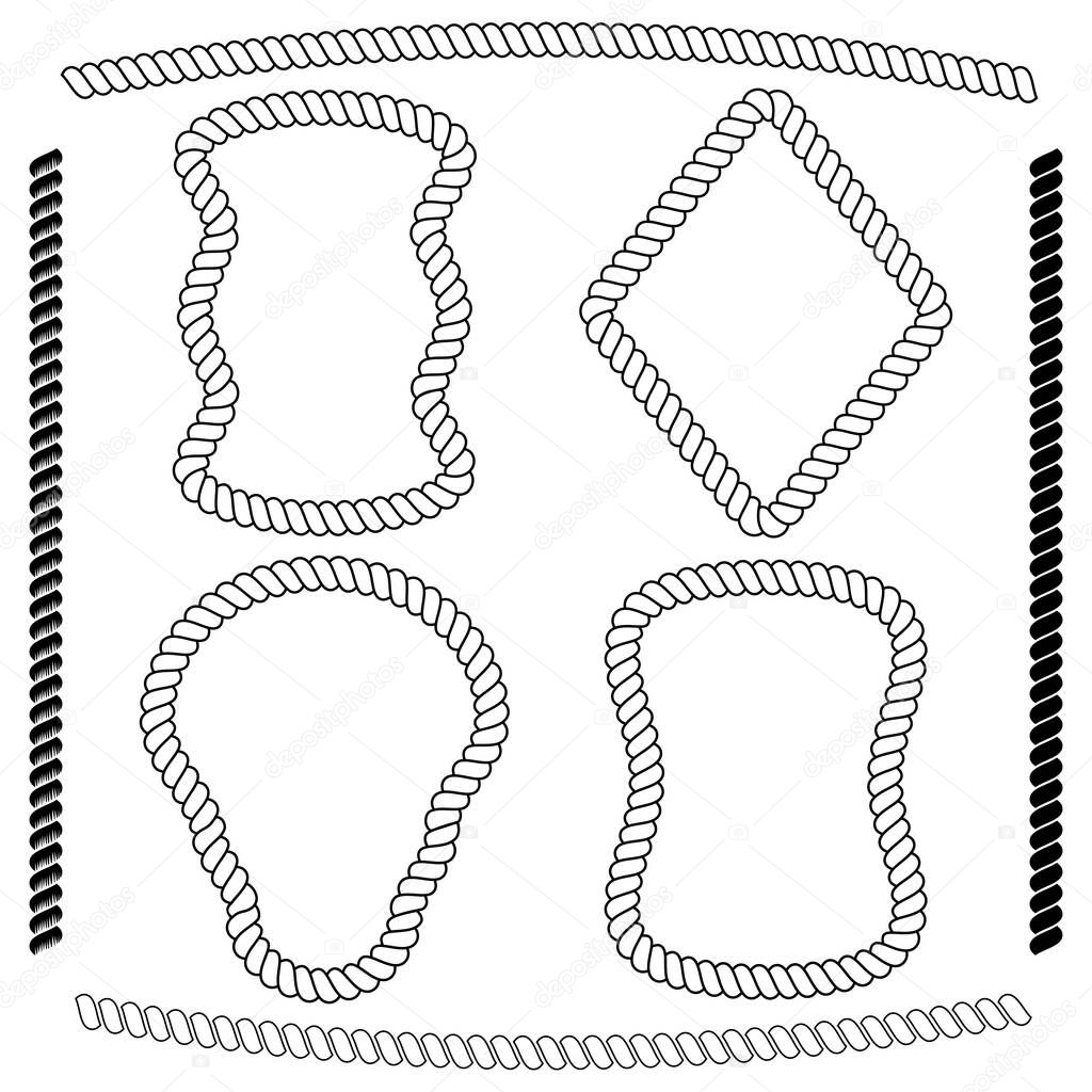 Vector set of frames rectangular shape, simulating nautical rope isolated on white background. Vector brushes imitating braided rope included in the file