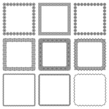 Geometrik geleneksel doğu süsüyle kare çerçevelerin vektör kümesi. Zarif izole doğrusal kenarlar. Sosyal medya tasarımı için doğu çiçek deseni, poster, davetiye, web afişi, tebrik kartı