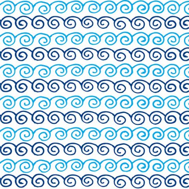 Beyaz zemin üzerinde mavi dalgaların kusursuz tekrarlayan deseni. El çizimi basit grunge çizimi spiral desen. Duvar kağıdı tasarımı için şablon, poster, ambalaj, kumaş, kağıt üzerine baskı