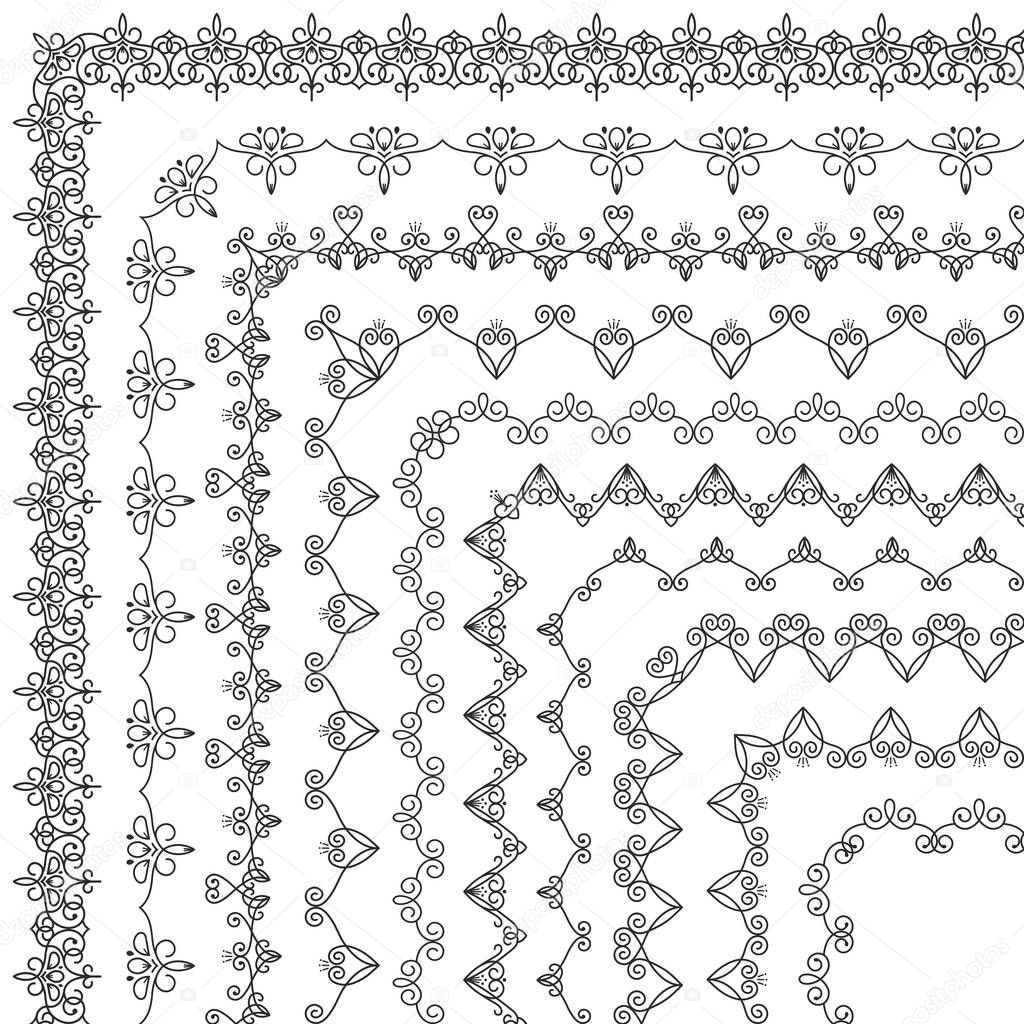 Vector set of vintage floral linear geometric corner brushes. Collection of decorative beautiful, elegant boarders for frames, borders, cover design, card, certificates, invitation, arabesques, edging