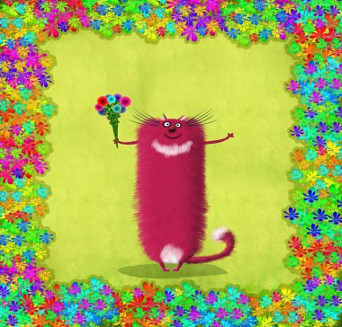 Red Standing Cat With Flowers Floral Frame clipart