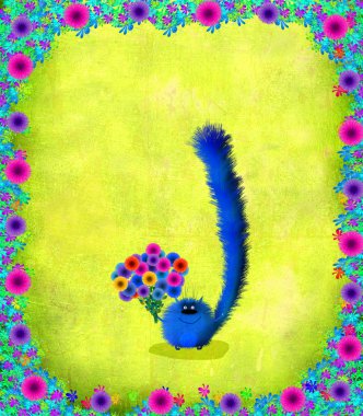 Mavi kedi ile çerçeve çiçek çiçekler