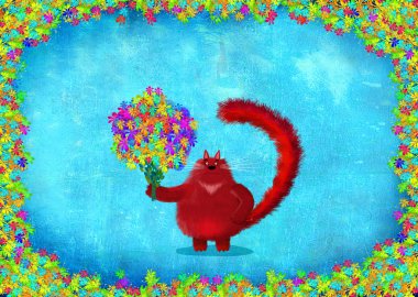 Red Cat With Flowers Floral Frame clipart