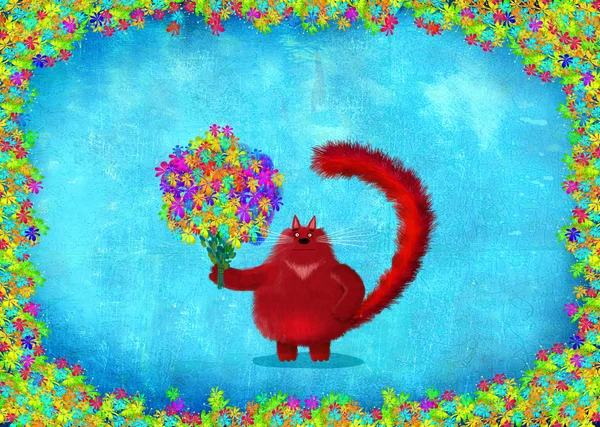 Gato rojo con flores marco floral — Foto de Stock