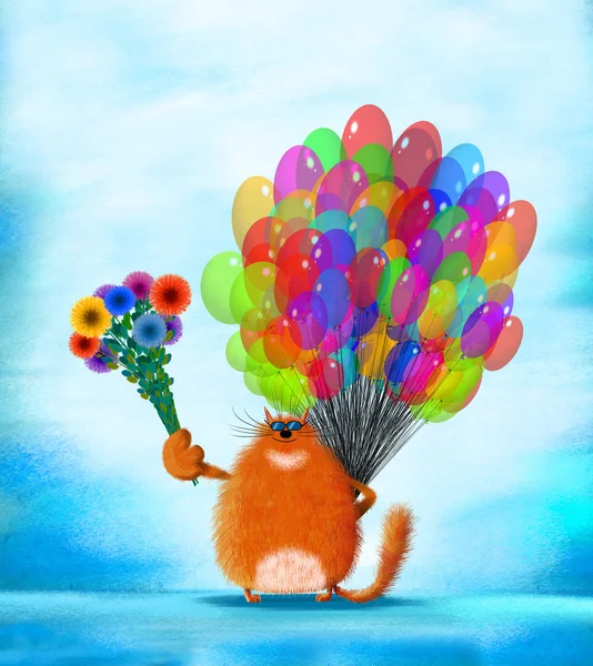 Red Cat With Sunglasses Holding Flowers and Balloons