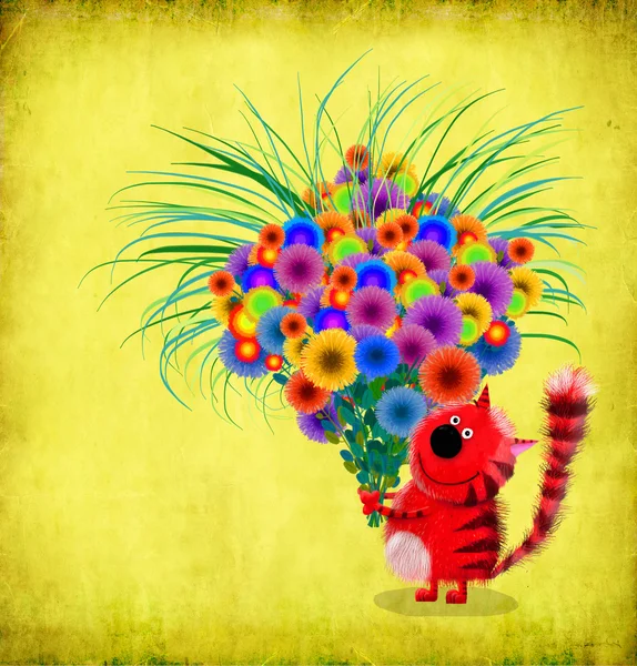 Gato listrado vermelho cuidando enorme grupo de flores — Fotografia de Stock