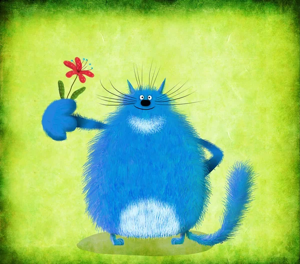 Büyük mavi kedi küçük çiçek ile ayakta — Stok fotoğraf