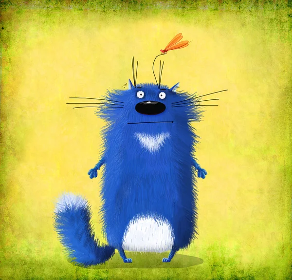 Большой синий кот с маленькой стрекозой на усах — стоковое фото