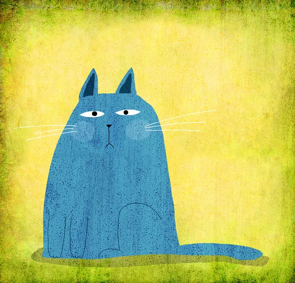 Kék szomorú ülő macska háttér festett falra — Stock Fotó