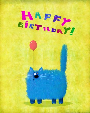 Doğum günü kartı mavi pembe balon tutan kedi