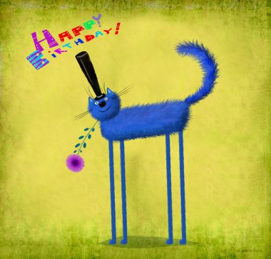 Doğum günü kartı mavi kedi silindir şapka çiçek tutan 