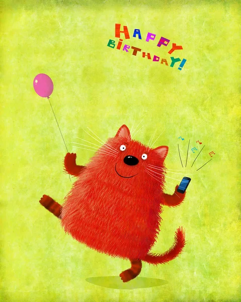 Tarjeta de cumpleaños Cat Holding Globo y teléfono sonando —  Fotos de Stock