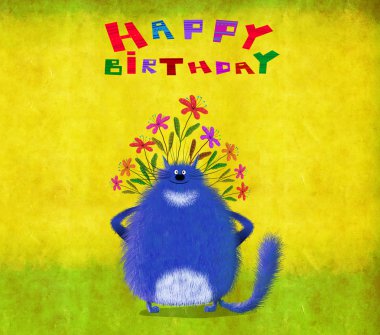 Doğum günü kartı mavi çiçek demet tutan kedi 