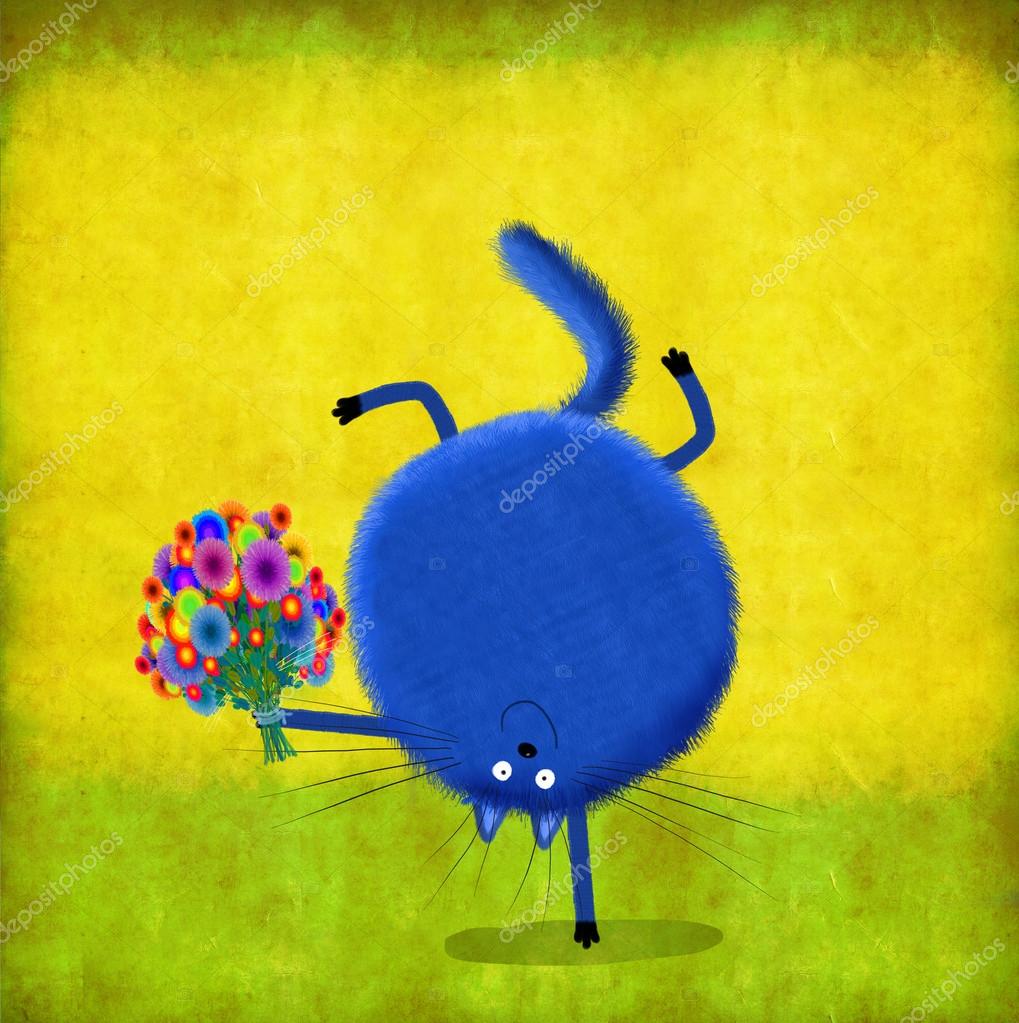 Забавный синий кот стоит с головой над исцеляет и держит кучу красивых цвет...