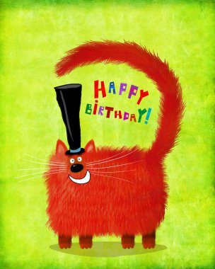 Doğum günü kartı ile silindir şapka kırmızı kabarık kedi