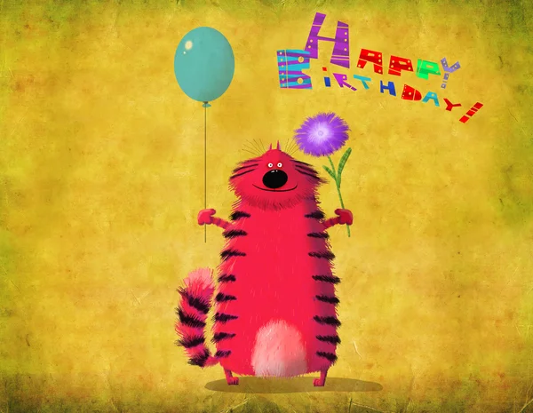 Cartão de aniversário gato segurando balão e flor — Fotografia de Stock