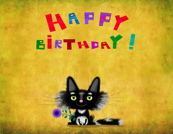 Születésnap kártya virággal fekete fehér cica — Stock Fotó