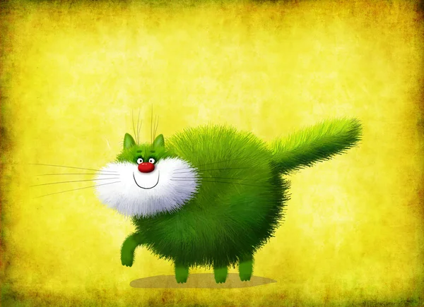 Verde Fluffy Walking Cat em fundo amarelo — Fotografia de Stock