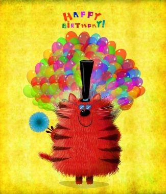 Doğum günü kartı kırmızı balonlar ve çiçek ile kedi çizgili