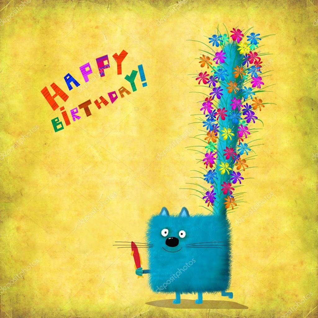 Anniversaire Carte Chat Avec Queue Ornée De Fleurs