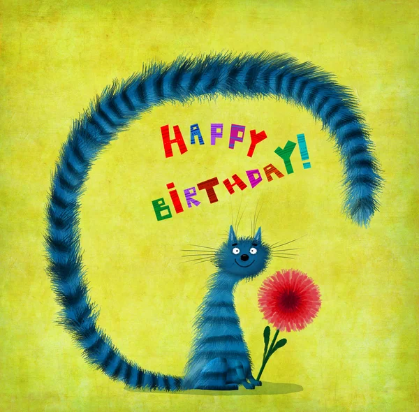 Kartka urodzinowa pasiasty siedzi kot z kwiatem — Zdjęcie stockowe