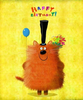 Doğum günü kartı kedi Holding balon ve çiçek şapka ile