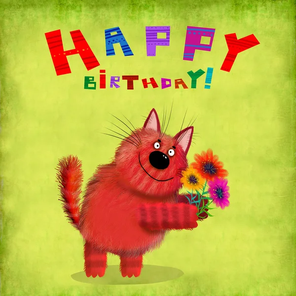 Birthday Card Big Standing Cat Holding Flowers On Green Backgrou — Stock Photo, Image