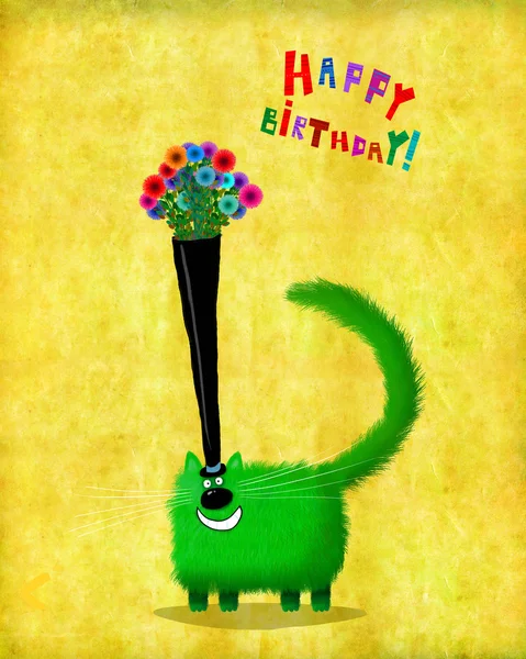Karty urodziny uśmiechający się kot, z kwiatami w Top Hat — Zdjęcie stockowe