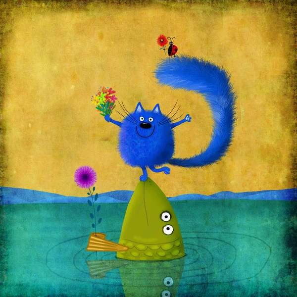 Kot ryb i biedronka, tworząc piramidę i gospodarstwa kwiaty — Zdjęcie stockowe
