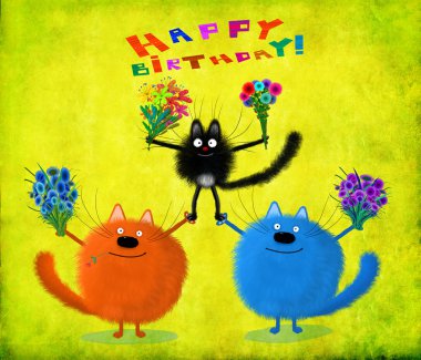 Doğum günü kartı kediler piramit şekillendirme çiçekli