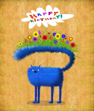 Doğum günü kartı mavi kedi kuyruk üzerinde büyüyen çiçekler